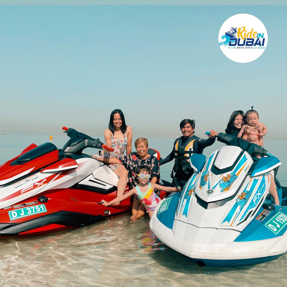 Family riding a jet ski, one of the top fun activities in Dubai for families and a must-try family activity in Dubai.