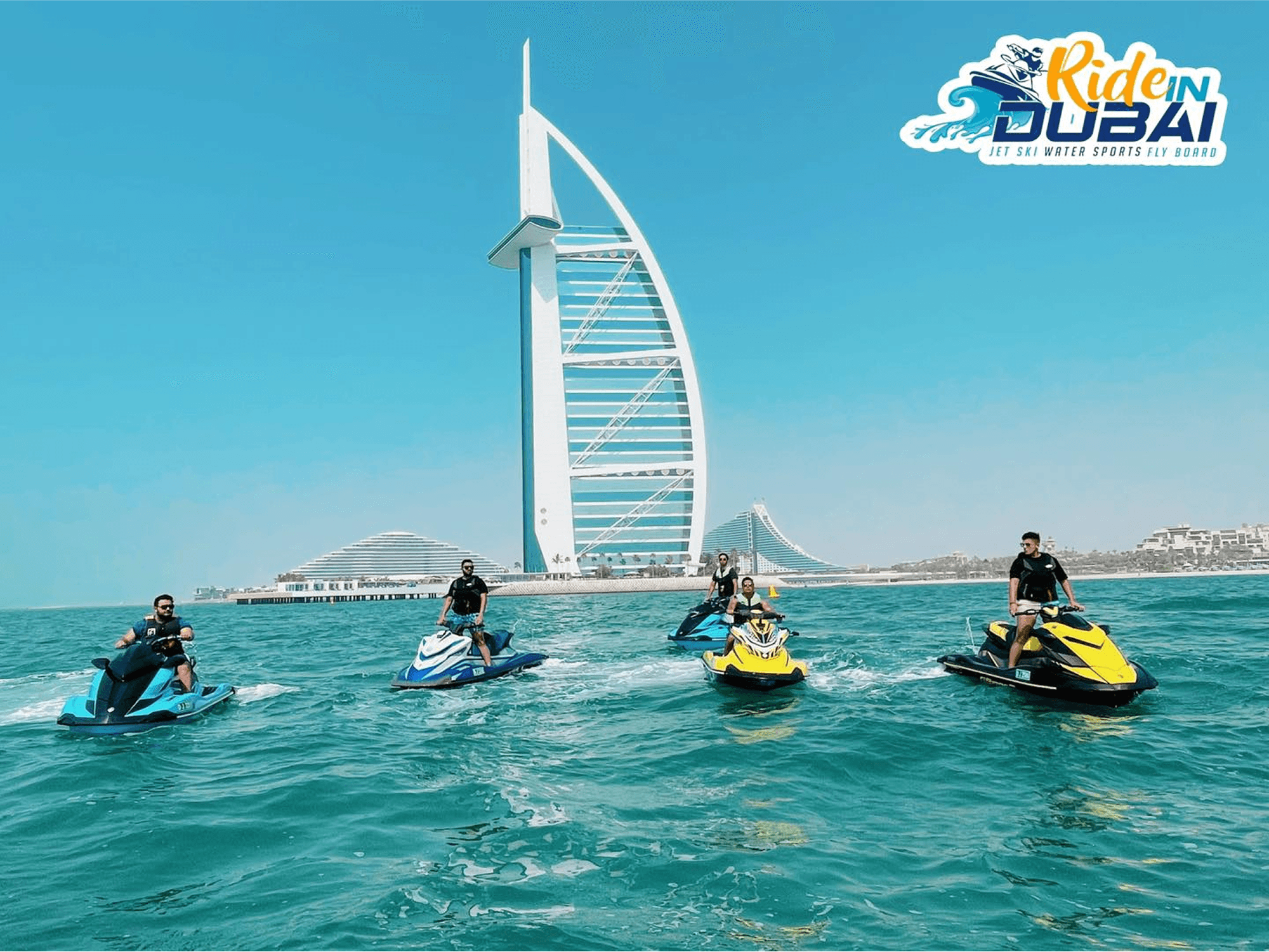 Jet ski rental Dubai riders at Burj Al Arab. Explore tours, see how much does jet ski rental costs, and enjoy Dubai’s iconic views